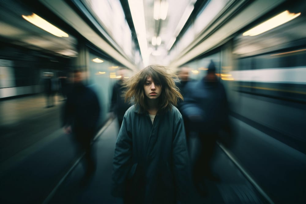 Tânără stând nemișcată într-o stație de metrou, în timp ce oamenii și luminile din jur apar neclare, în mișcare